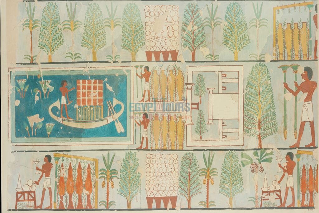 Ancient Egyptian garden layout with ornamental trees, potted plants, and agricultural activities