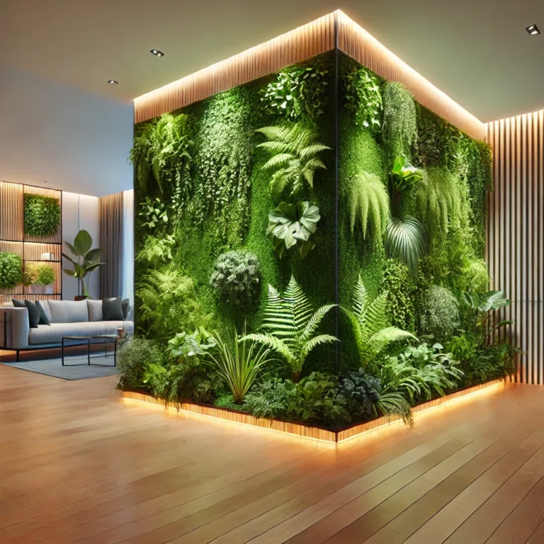 Green vertical garden with lush plant wall