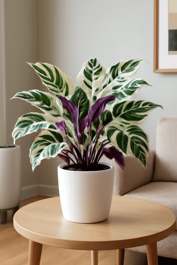 Calathea White Fusion prayer plant in white ceramic pot on a wooden table in modern indoor setting