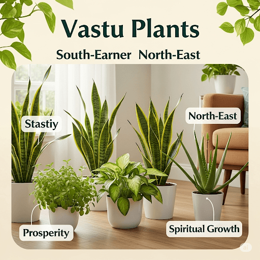 A collection of Vastu-compliant plants including snake plants, aloe vera, and another leafy green plant, displayed in a well-lit indoor setting with text indicating "Vastu Plants" and placement suggestions like "South-Earner North-East," "Prosperity," "Stastiy," and "Spiritual Growth