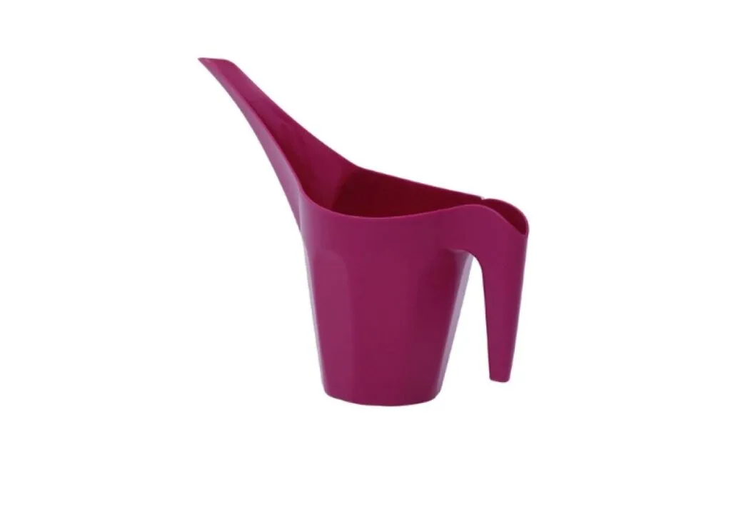 1-liter pink plastic watering can with a long, slender spout