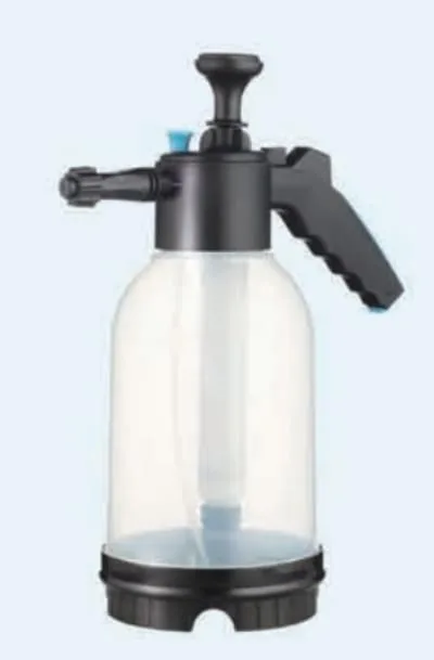 Clear plastic hand sprayer with a black pump handle and base