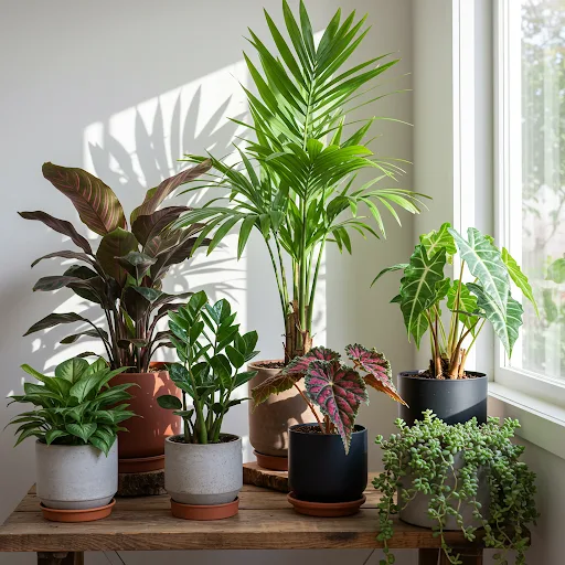 Five incompatible houseplants including Calathea, ZZ plant, Majesty Palm, Rex Begonia, and succulents arranged together indoors