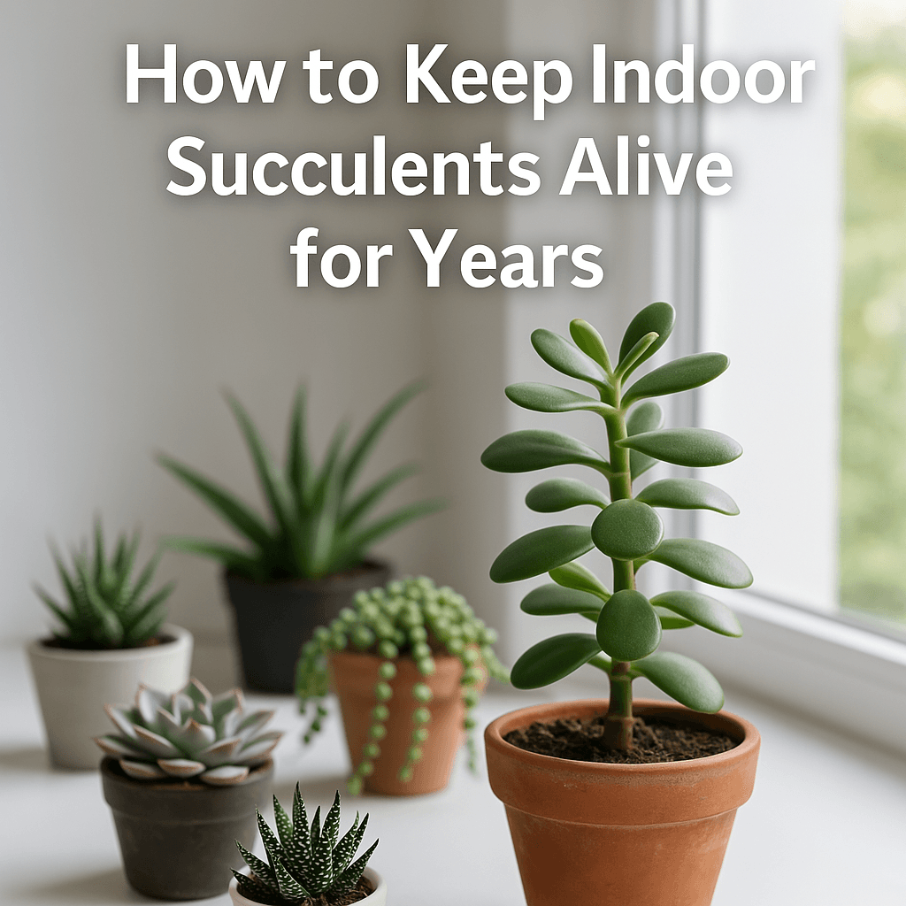 Healthy indoor succulents in pots placed on a windowsill with natural light, demonstrating proper care techniques to keep succulents alive for years