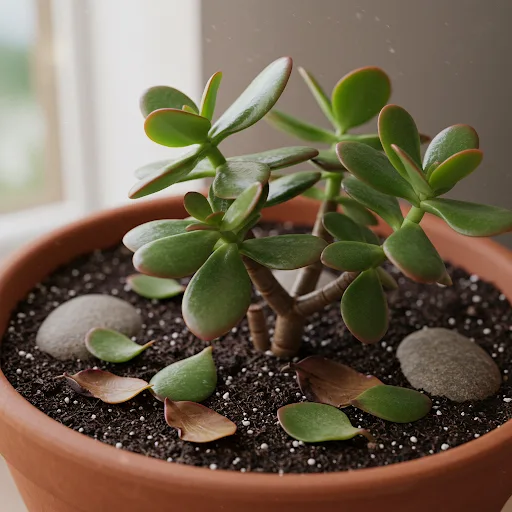 Jade plant in terracotta pot with fallen leaves on soil due to overwatering or fertilizer stress near a window