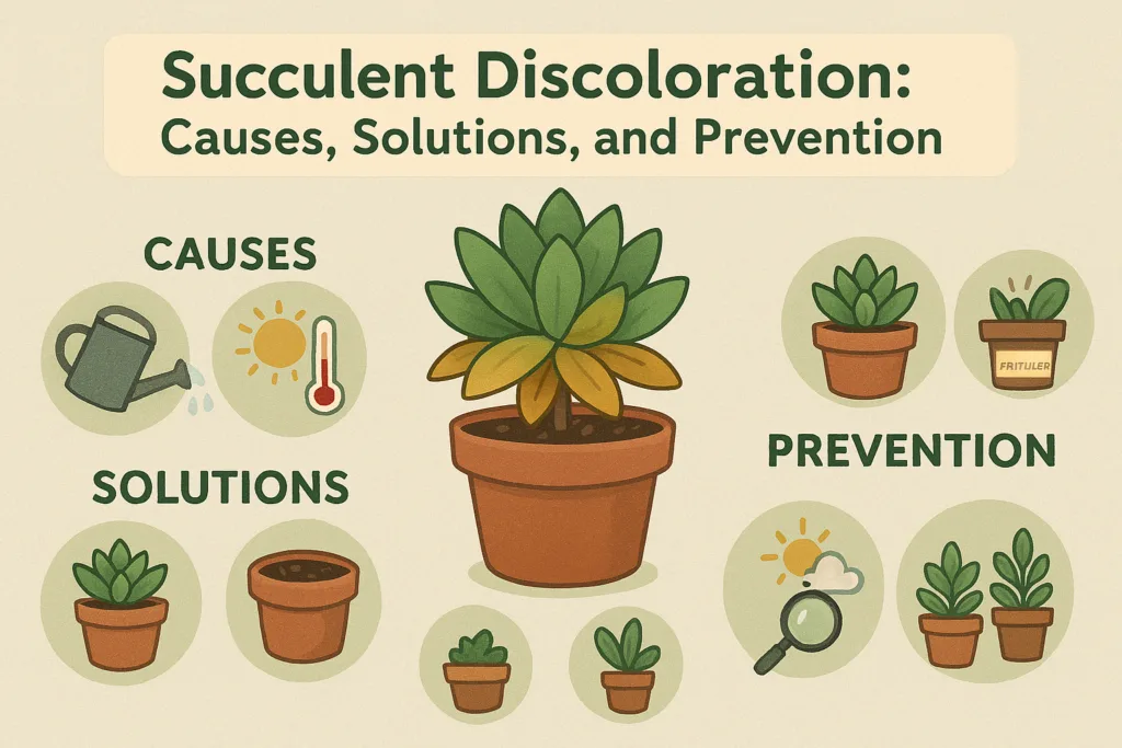 Infographic explaining causes, solutions, and prevention of succulent discoloration with illustrated tips and plant care icons