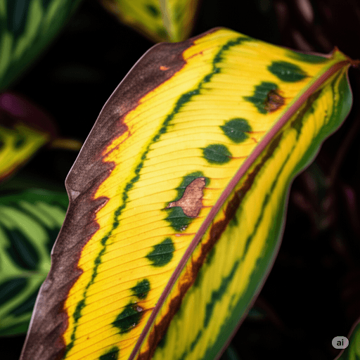 Calathea leaf showing dry, brown edges and tips, a common sign of low humidity, inconsistent watering, or hard water.