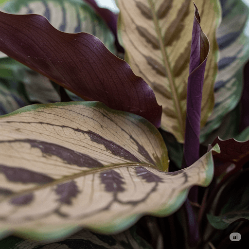 Calathea plant with leaves showing faded colors and a dull appearance, possibly due to insufficient light or nutrient deficiency.