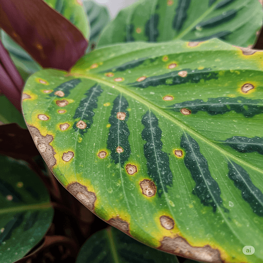 Calathea leaf with small, dark spots, indicating a potential fungal or bacterial infection.