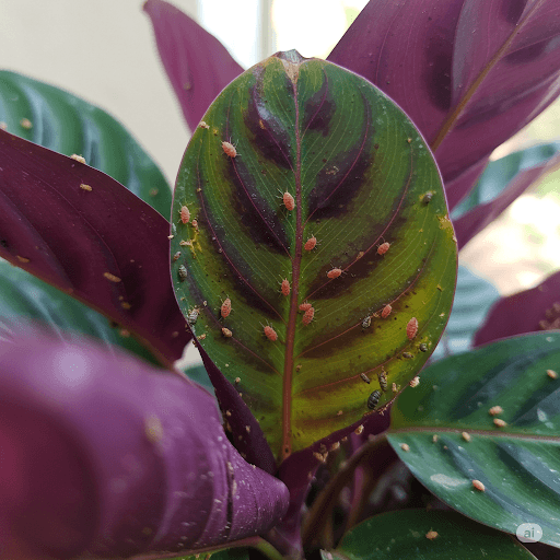Calathea plant showing signs of pest infestation, such as spider mites or mealybugs, on its leaves.