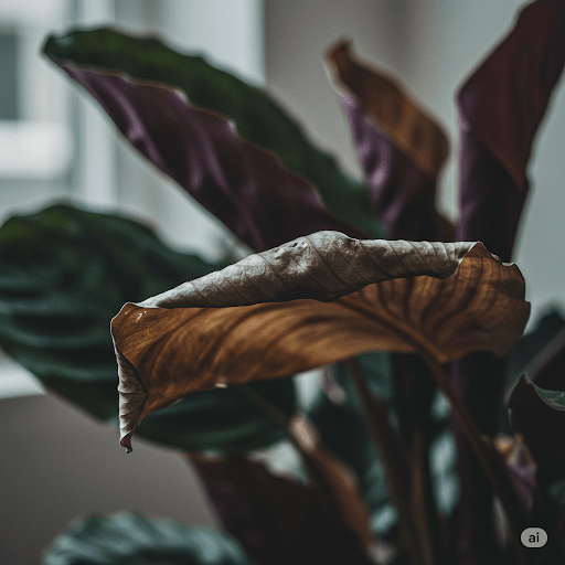 Close-up of a Calathea plant with several leaves that are drooping and curling, showing signs of wilting and dehydration.
