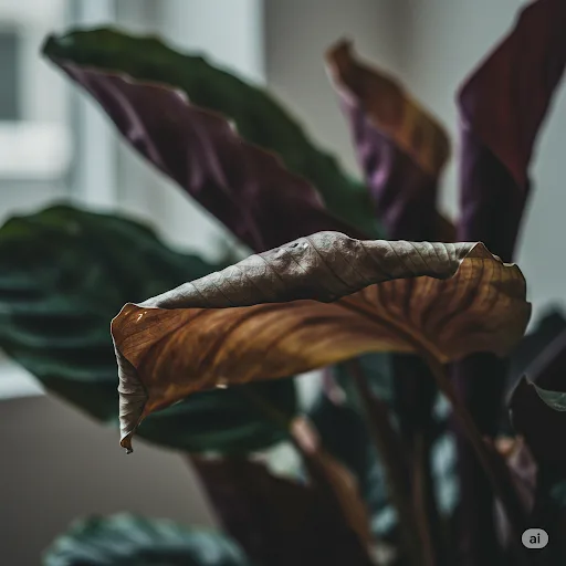 Close-up of a Calathea plant with several leaves that are drooping and curling, showing signs of wilting and dehydration.