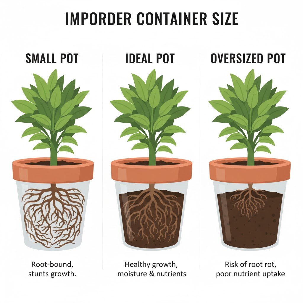 Infographic illustrating correct container size for indoor plants and root health.