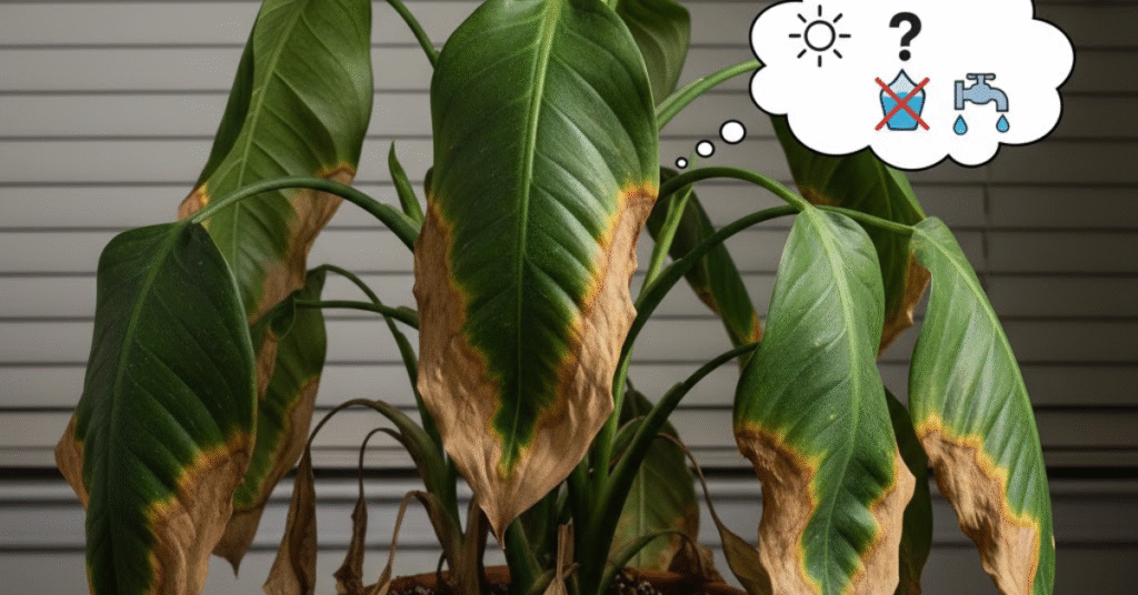 Dieffenbachia plant with severely drooping and brown-edged leaves, sitting in a terracotta pot with a thought bubble indicating common houseplant problems like lack of light, overwatering, and under-watering.