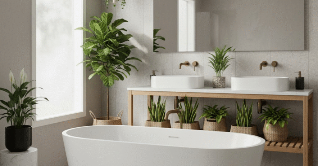 A modern bathroom decorated with easy care bathroom indoor plants like snake plants and peace lilies near the bathtub.