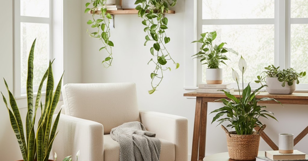 Modern living room filled with easy care indoor plants adding freshness and greenery to home décor.