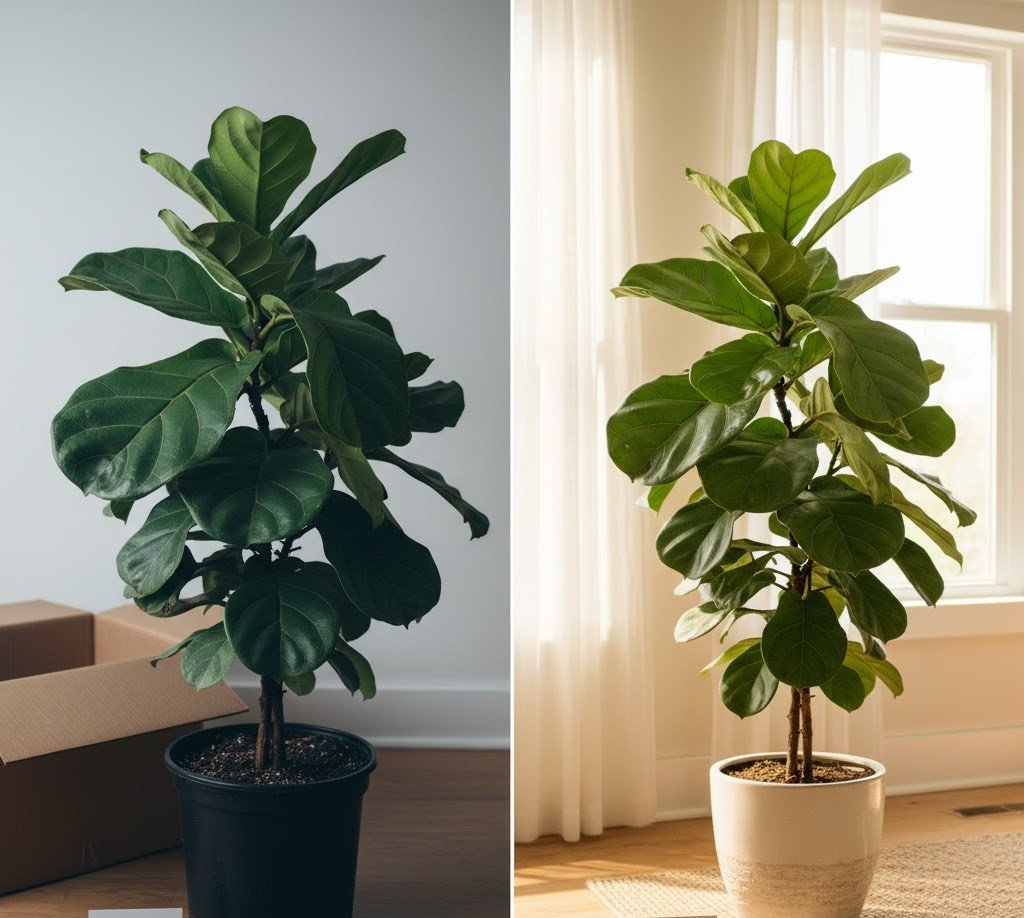 Comparison showing a drooping indoor plant recovering after environmental shock from relocation