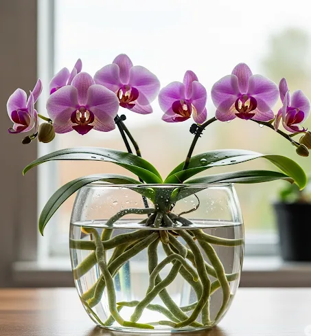 Healthy orchid roots growing in hydroponic water system