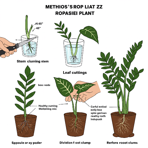 Illustration showing how to propagate ZZ plant using stem cuttings, leaf cuttings, and root division methods with labeled steps and tools