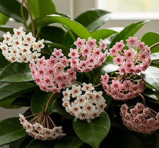Healthy Hoya wax plant growing in a white hanging pot, perfect as an indoor houseplant