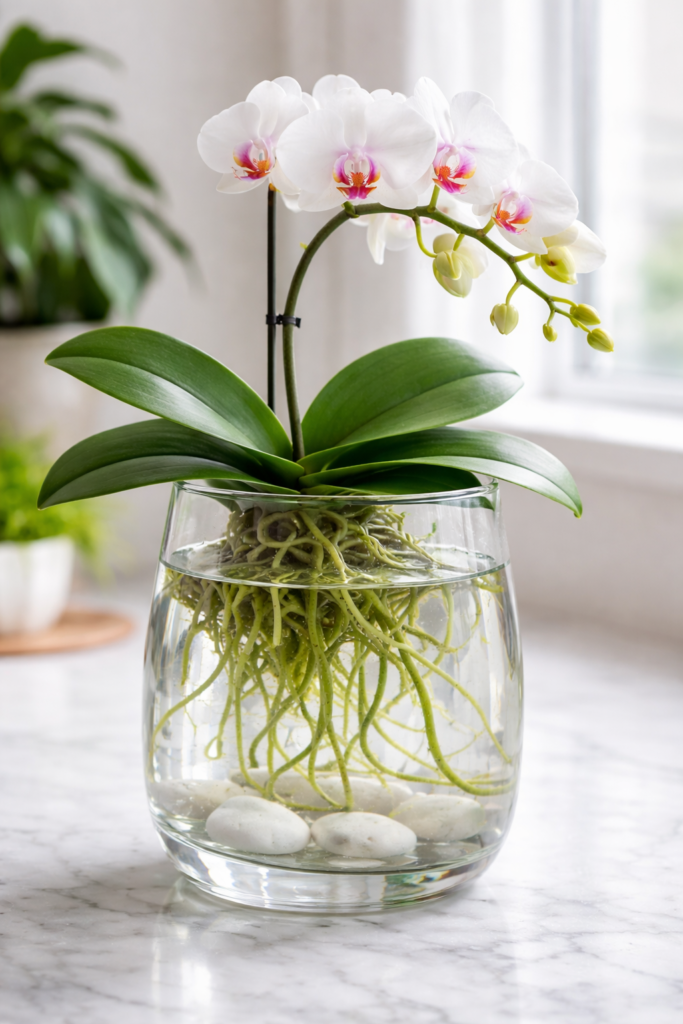 Hydroponic orchid plant growing in water without soil in a glass vase with healthy green roots and white blooms