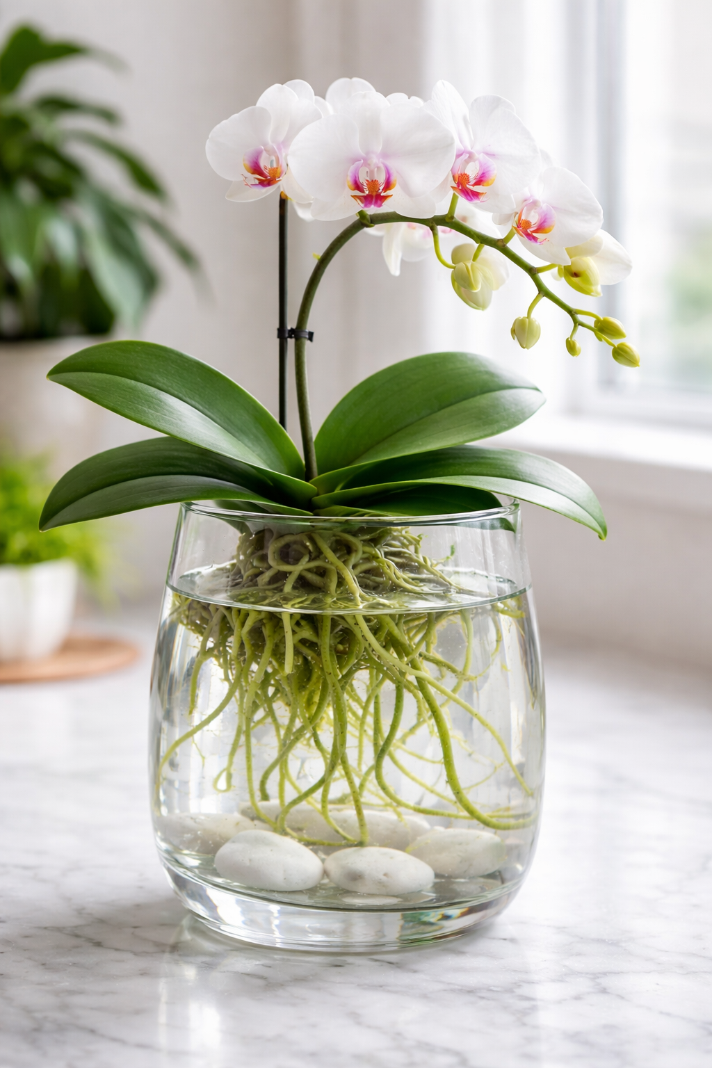 Hydroponic orchid plant growing in water without soil in a glass vase with healthy green roots and white blooms