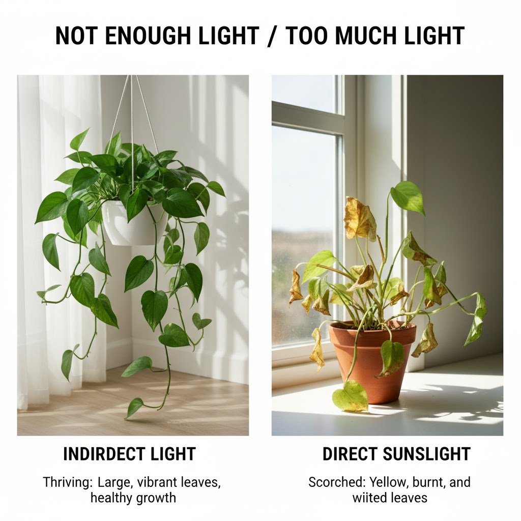 Guide showing ideal light levels for easy care indoor plants, from low light to bright indirect light.
