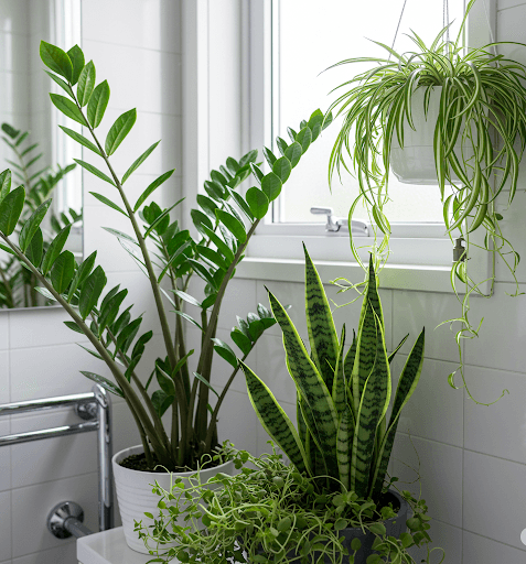 Modern bathroom with ZZ plant, snake plant, and spider plant near a window – ideal indoor plants for bathroom decor