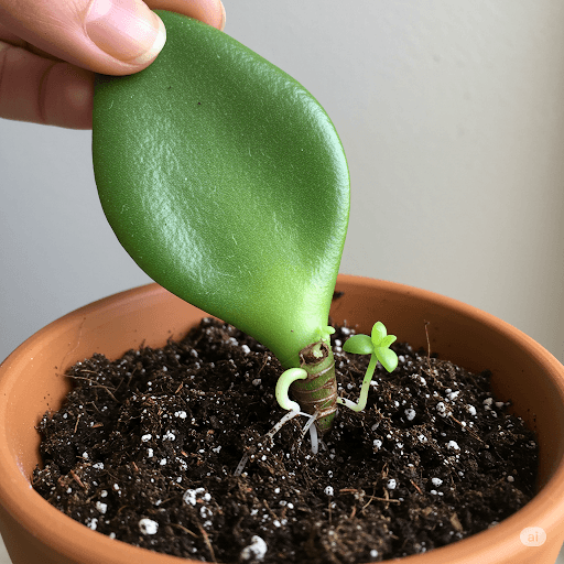 A jade plant leaf sprouting roots and a tiny new plant in a terracotta pot with well-draining soil