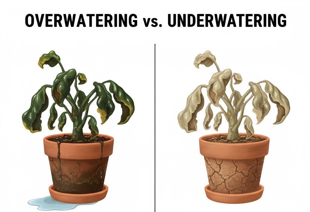 Infographic comparing symptoms of overwatered and underwatered indoor plants with visual cues.