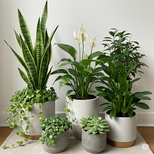 A stylish collection of rental-friendly indoor plants including snake plant, peace lily, and succulents arranged in modern ceramic pots on a wooden floor against a white wall.