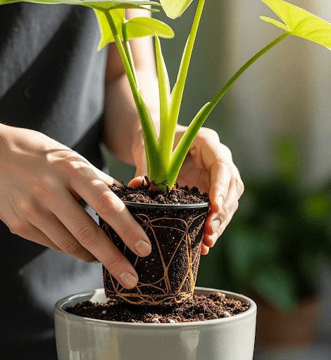 A close-up of a person's hands gently removing a Philodendron from its old pot, revealing healthy roots, as they prepare to place it in a new, larger pot with fresh soil.