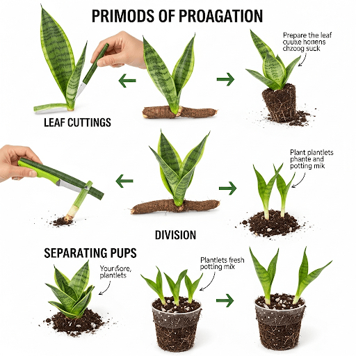 Step-by-step visual guide showing how to propagate snake plants using leaf cuttings, plant division, and separating pups with soil and potting mix.