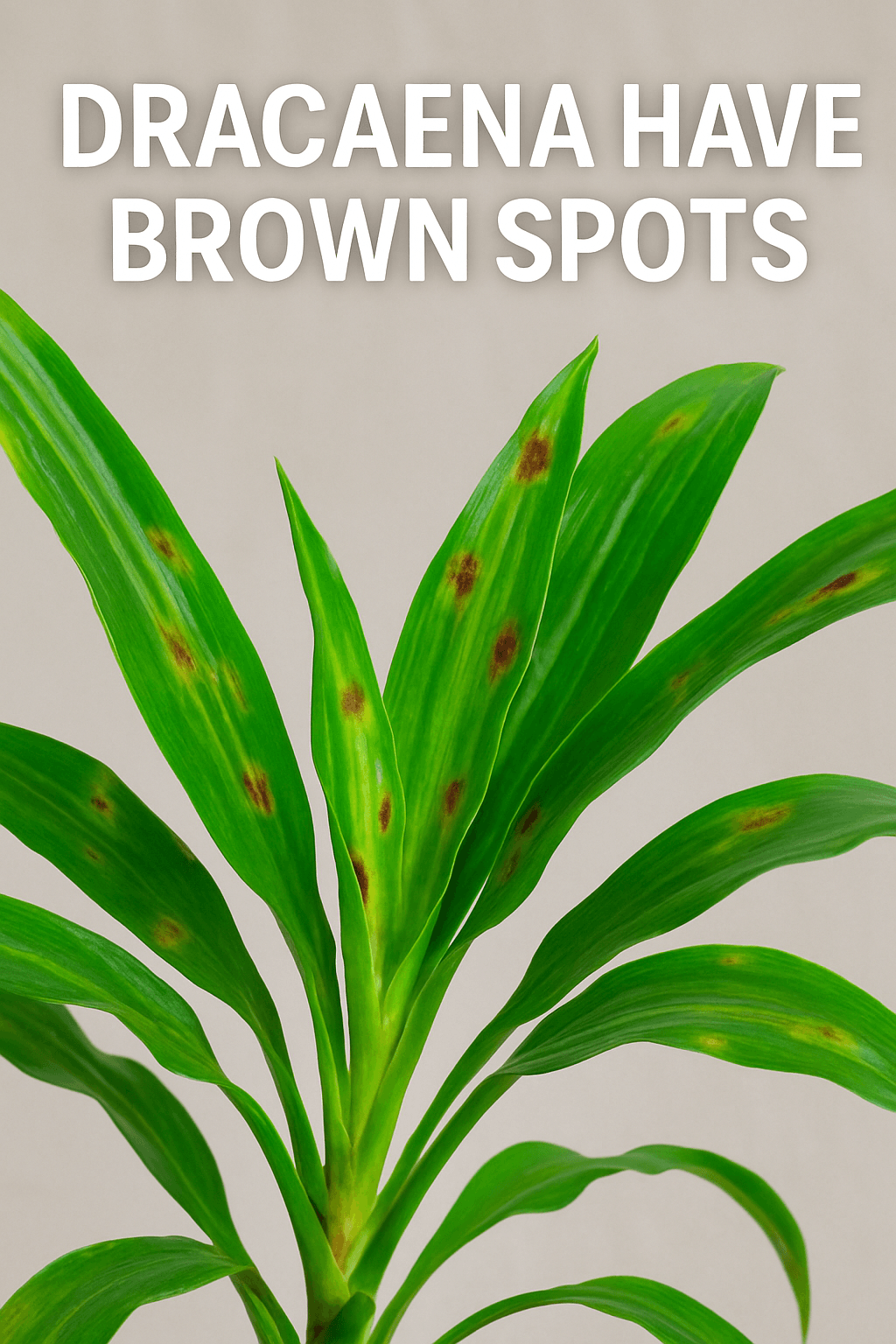 A close-up of a Dracaena plant leaf showing both healthy green foliage and several brown spots, illustrating the common causes of plant stress.
