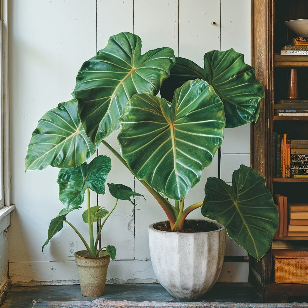 Big-leaf indoor plant (Alocasia) in a modern Indian apartment setting showcasing large tropical foliage