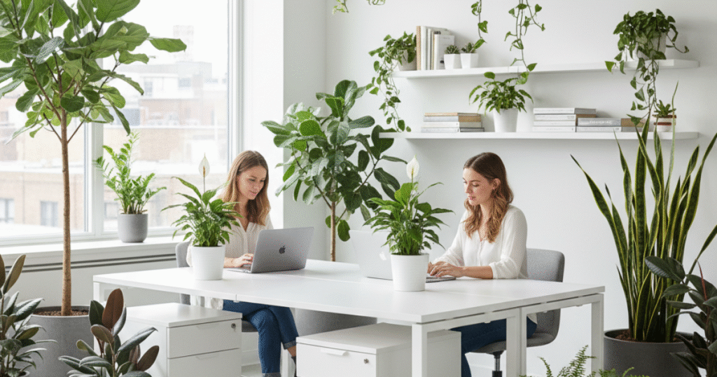 Bright modern workspace decorated with lush Indoor Plants for Office Spaces, including peace lilies, snake plants, and fiddle leaf figs, creating a fresh and productive environment.