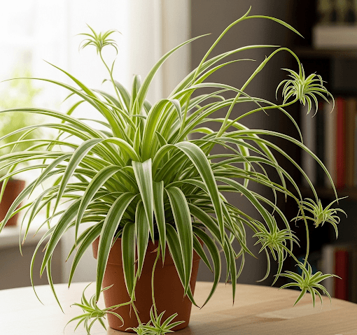 Lush and healthy spider plant with vibrant green and white leaves and cascading spiderettes, sitting in a pot on a wooden table, symbolizing successful growth and care.
