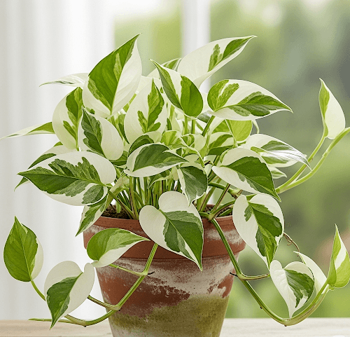 A healthy N'Joy Pothos money plant with white and green variegated leaves in a terracotta pot, a perfect houseplant for beginners.