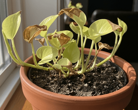 A photograph of a pothos plant with stunted growth, small and pale leaves, and dry soil, a potential sign of being pot-bound or underwatered.