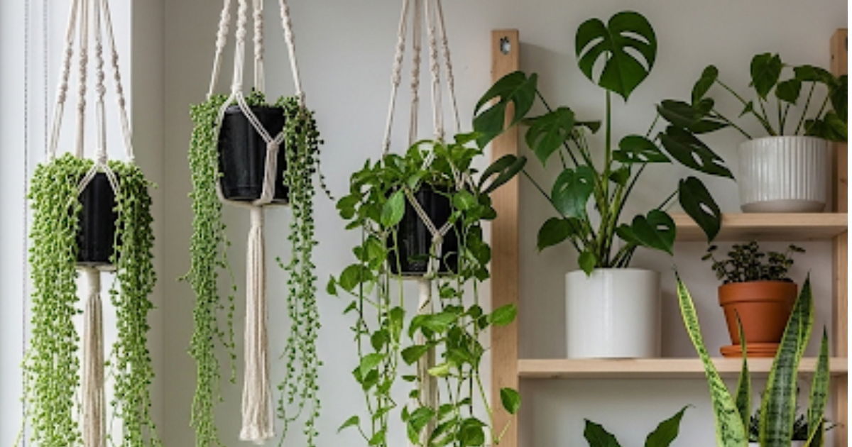 Stylish indoor plant display with hanging planters, shelving, and creative pots for home décor and air-purifying benefits