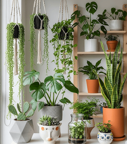 A stylish indoor plant display in a modern living room featuring a variety of plants, including a Monstera, Snake Plant, and hanging Pothos. The plants are arranged on a wooden shelf and in creative planters, with natural light filling the space.