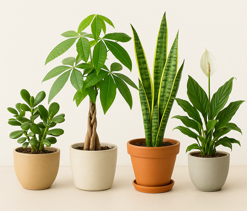 Top Feng Shui front door plants including Money Tree, Jade Plant, Snake Plant, and Peace Lily for positive energy and prosperity.