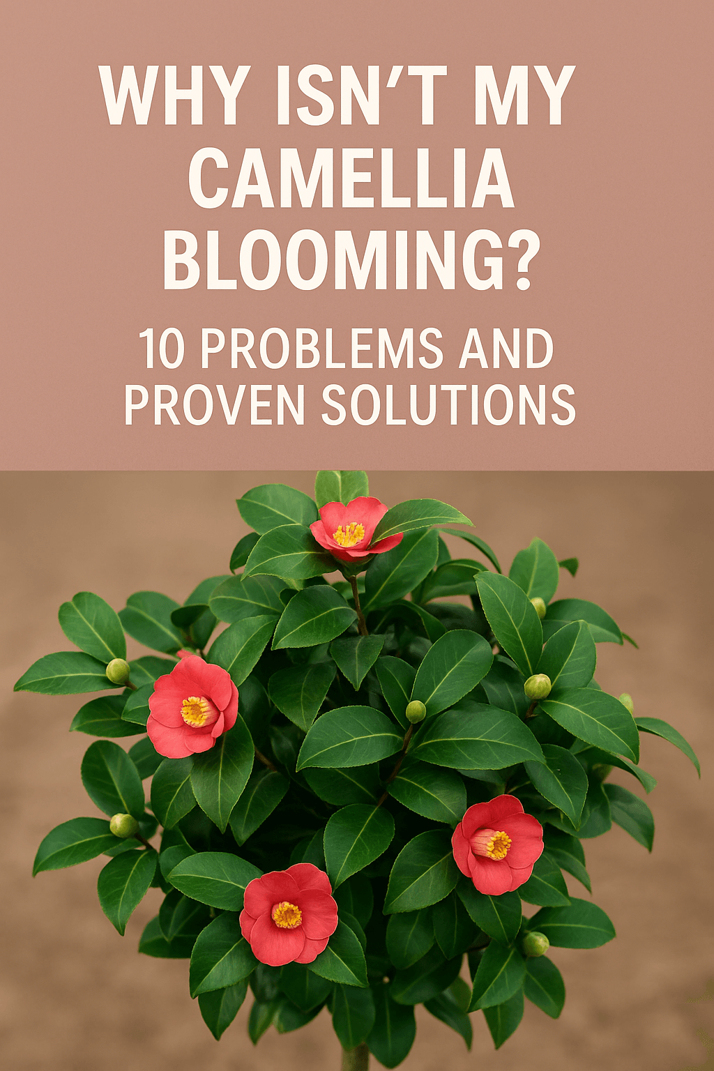 Camellia plant with glossy green leaves and pink flowers illustrating why camellias may not bloom and solutions for healthy flowering