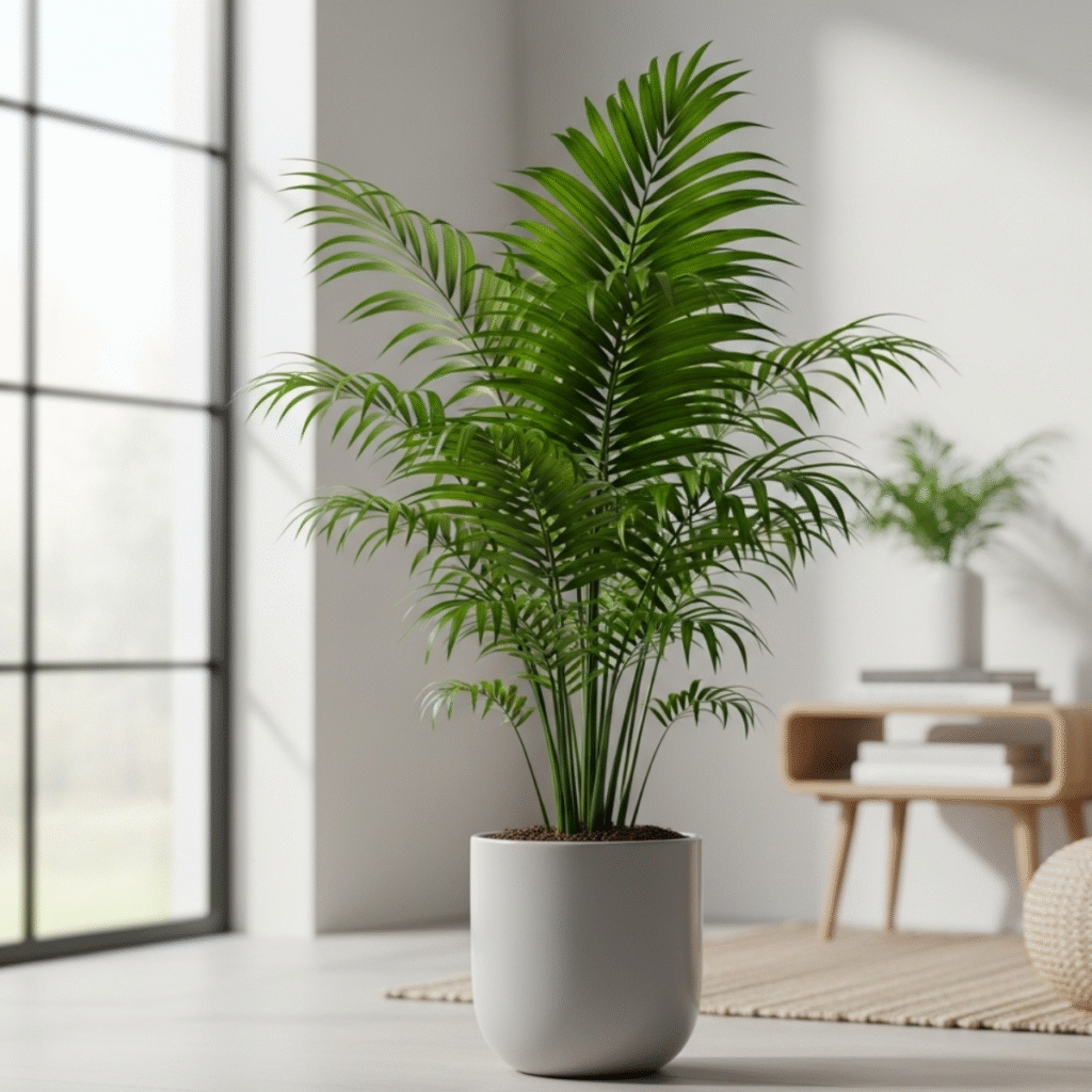 A vibrant, healthy areca palm houseplant in a minimalist ceramic pot, adding a touch of natural décor to a modern living space.