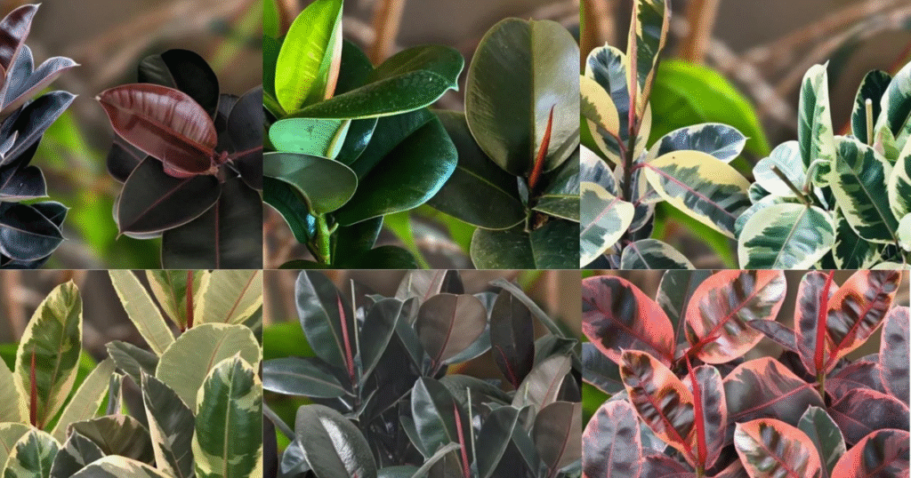 Different varieties of plant rubber plant (Ficus elastica) with colorful leaves grown indoors