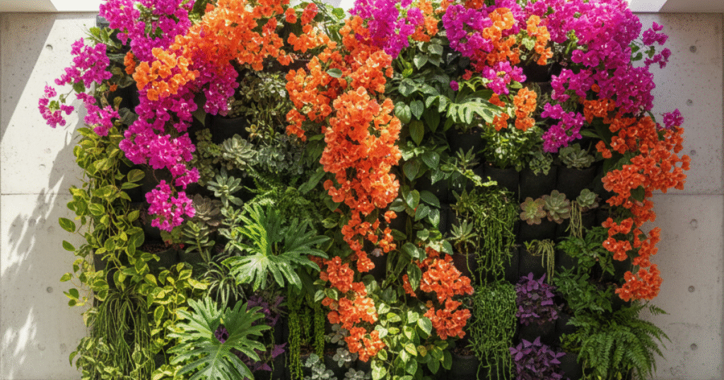 Planting bougainvillea in a vibrant vertical garden with pink and orange flowers, combined with succulents and indoor plants for a stunning green wall design