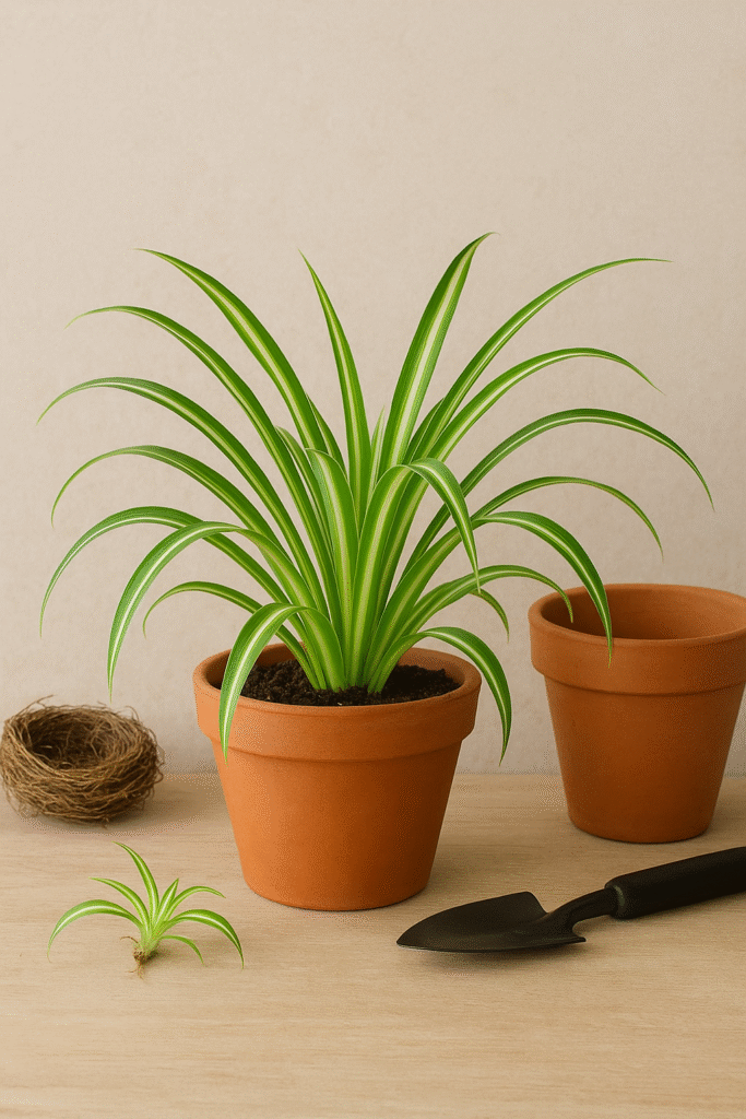 Spider plant planting in terracotta pot with baby plantlet, propagation and repotting guide