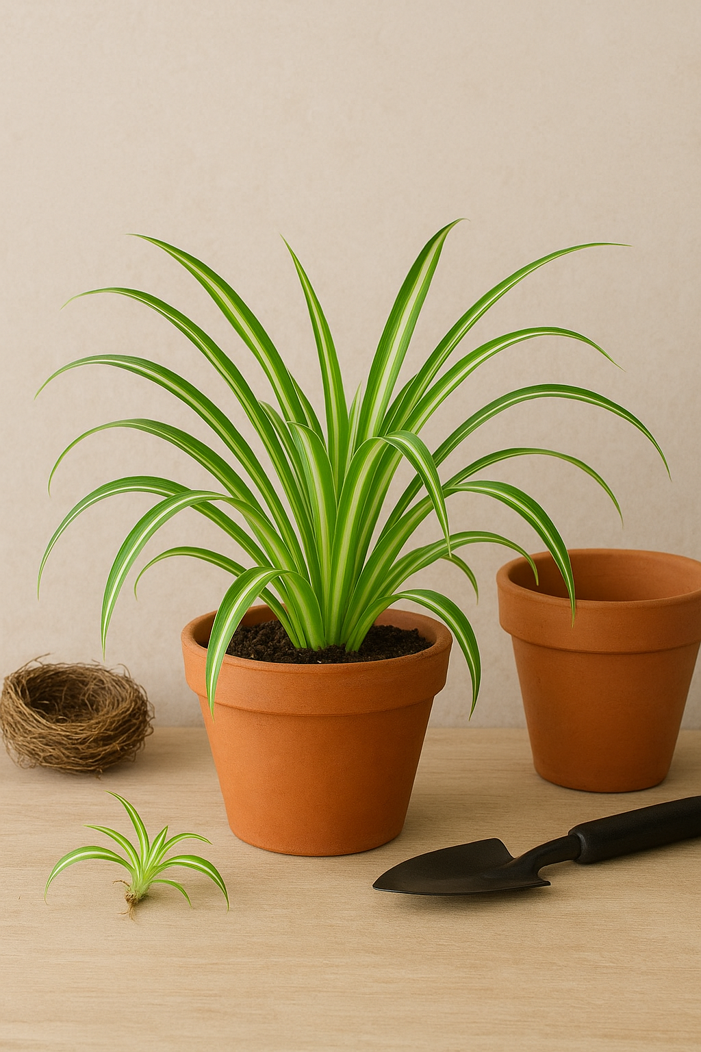 Spider plant planting in terracotta pot with baby plantlet, propagation and repotting guide