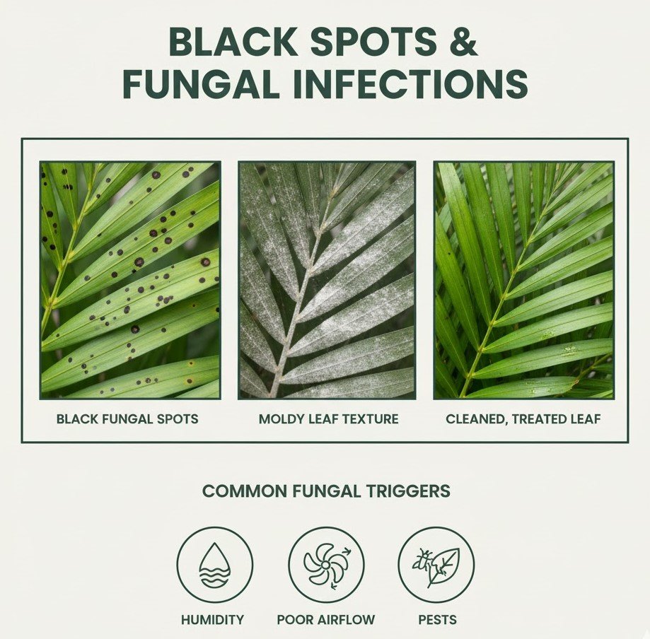 Photo collage showing black fungal spots and moldy leaf texture on an Areca palm, with a cleaned leaf after treatment, and an infographic illustrating common fungal triggers like high humidity, poor airflow, and pests.
