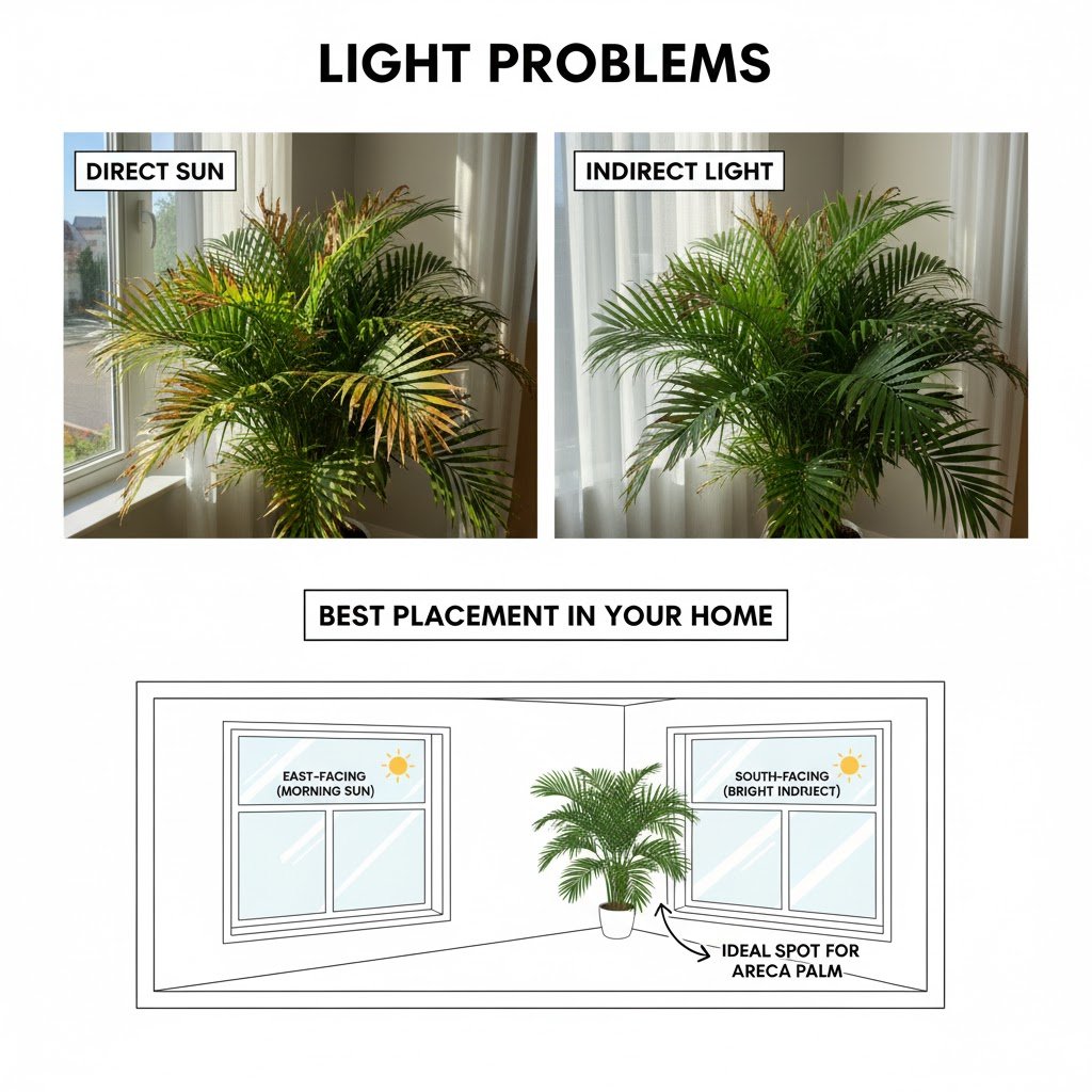 Comparison of Areca palm in direct sun with burnt leaves versus healthy palm in indirect light, with a diagram showing ideal home placement for bright indirect sunlight.